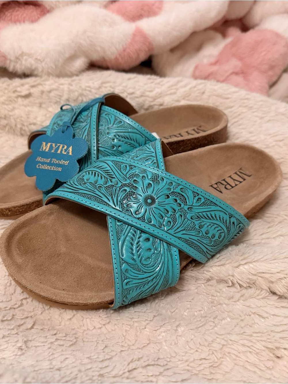 MYRA Teal Tooled Leather Slide Sandals
